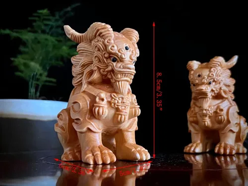 Vista 2 de Adornos de estatua de Kylin de madera maciza, estatua de perro Foo, escultura de Feng Shui, decoración de oficina en casa, figura de Pixiu de animal