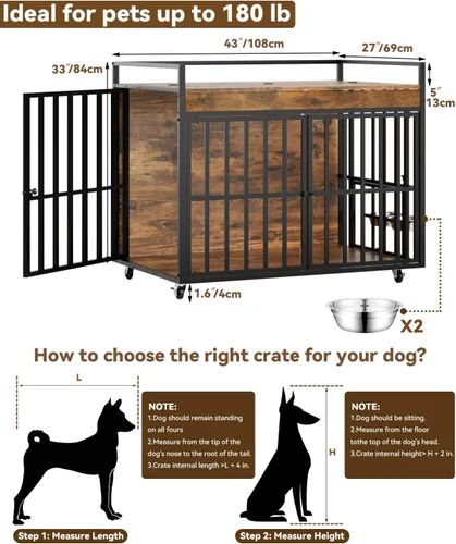 Vista 5 de Muebles de jaula para perros grandes y resistentes con cuencos y ruedas giratorios de 360°