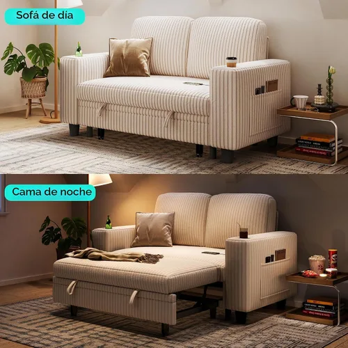 Vista 4 de LINSY HOME Sofá cama seccional, sofá cama extraíble de pana para sala de estar (beige, sofá pequeño) Puertos USB, portavasos, bolsillo lateral