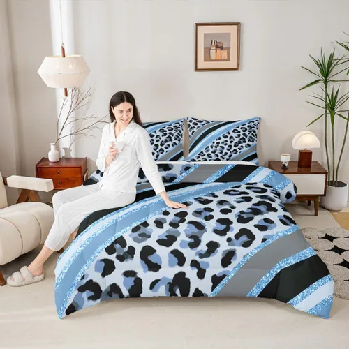 Vista 38 de Juego de edredón con estampado de leopardo para niños, tamaño individual, juego de ropa de cama de moda de piel de guepardo abstracto, decoración