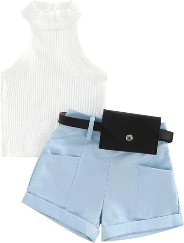 Vista 40 de TheFound Trajes de verano para niñas pequeñas, sin mangas, de punto acanalado, halter, pantalones cortos, ropa para recién nacidos, conjunto de 3