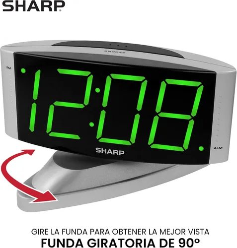 Vista 2 de Sharp Reloj despertador digital con base giratoria, LED verde, atenuador Led verde - caja plateada