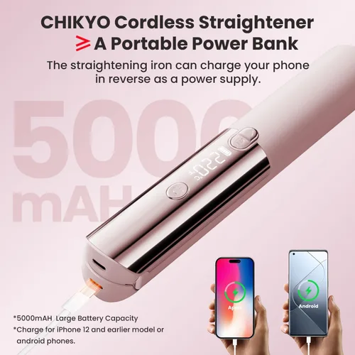 Vista 3 de CHIKYO Plancha de pelo inalámbrica 2 en 1, rizador portátil sobre la marcha, banco de energía portátil, 7 temperaturas, pantalla LED, mini plancha