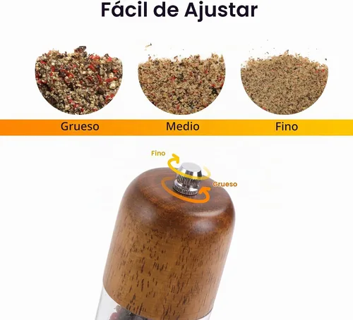 Vista 3 de Molinillo de sal y pimienta de madera, molinillo de sal y pimienta, cocteleras de madera de roble con molinillos de cerámica ajustables, 8 pulgadas