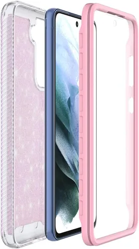 Vista 5 de Funda diseñada para Samsung Galaxy S21 FE con purpurina de cuerpo completo con protector de pantalla integrado, resistente de doble capa a prueba