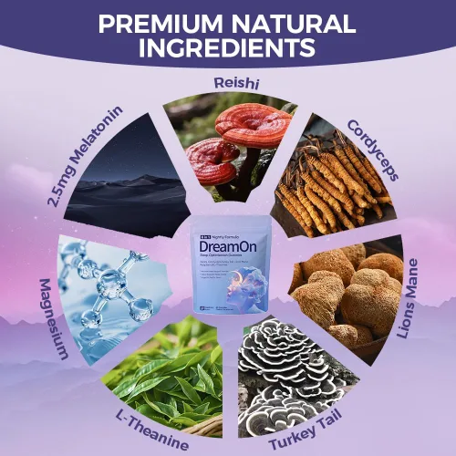 Vista 3 de DreamOn - Gomitas de optimización del sueño para adultos, con Reishi, Cordyceps, melena de león, cola de pavo, L-teanina, magnesio y 2.5 mg