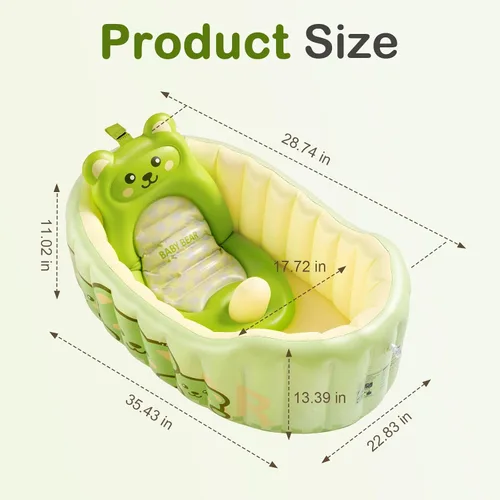 Vista 2 de Bañera inflable para bebé, bañera reclinable para recién nacidos a niños pequeños con cojín de respaldo suave y bomba de aire, bañera plegable