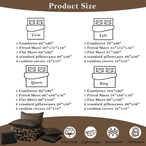 Vista 2 de Erosebridal Juego de edredón de 7 piezas con estampado de leopardo, tamaño Queen, juego de ropa de cama súper suave con estampado de guepardo, juego