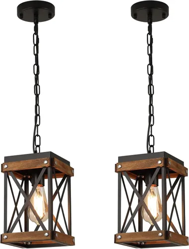 Vista 8 de Accesorio de Lámpara Colgante de Madera Rústica de Granja, Una Luz con Cadena Ajustable, Jaula de Linterna de Madera de Roble y Metal, Iluminación