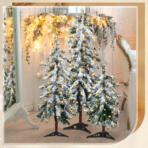 Vista 6 de Cinnvoice Árbol de Navidad artificial flocado de 3 piezas con luces LED