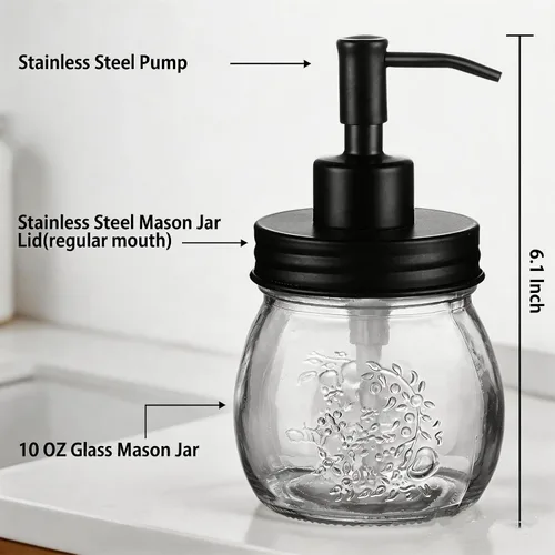 Vista 4 de Amolliar Dispensador de jabón líquido en tarro Mason de 10 onzas, bomba y tapa de acero inoxidable, bonita decoración de granja para cocina, baño