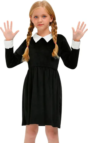 Vista 2 de BesserBay Vestido negro con cuello Peter Pan de terciopelo para niñas de Halloween 4-12 años