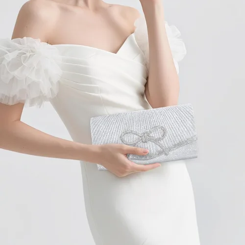 Vista 7 de Bolso de noche para mujer, bolsos de mano con lazo brillante, bolsa cruzada, bolsa de boda, fiesta de diamantes de imitación con purpurina