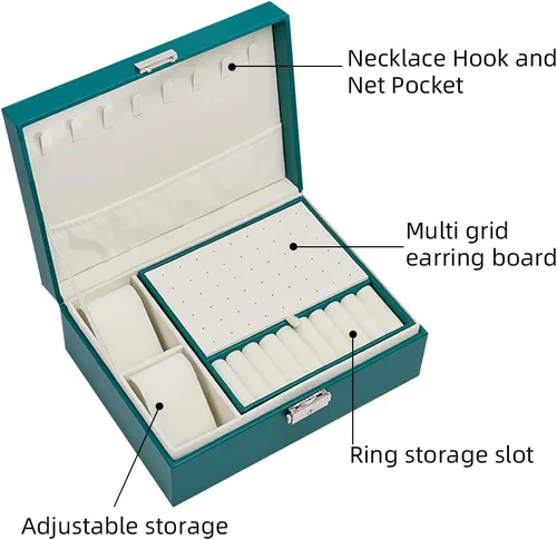 Vista 2 de XYMAO Caja organizadora de joyas cajas de joyería de cuero sintético con cerradura para mujeres y niñas caja de joyería de viaje para anillos aretes