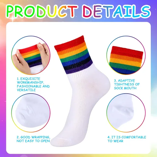 Vista 5 de Bencailor 6 pares de calcetines deportivos de algodón a rayas, diseño de arco iris, calcetines tobilleros de algodón, casuales, multicolor, unisex