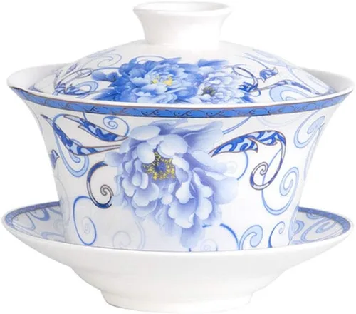 Vista 17 de Liang baobao Juego de Té Tradicional Gaiwan con Tapa y Platillo Taza de Té Gongfu de Porcelana Diseño Azul de Loto Tazas de 200ml