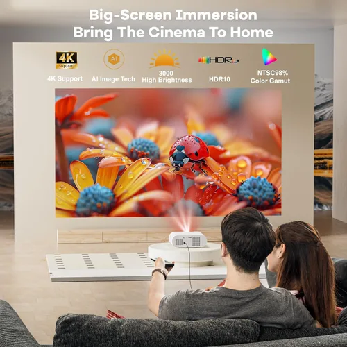 Vista 4 de Proyector para exteriores incorporado Google TV, proyector inteligente con tapa de lente automática Sovboi 4K Support, WiFi 6 & Bluetooth, AI Auto