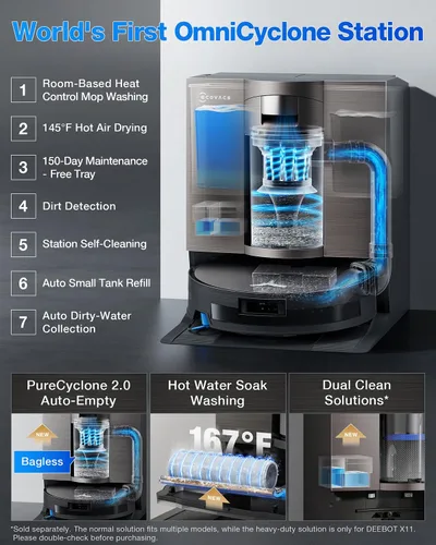 Vista 7 de ECOVACS DEEBOT X11 OmniCyclone Robot Aspiradora y Trapeadora, Carga PowerBoost, Trapeador de Autolavado Instantáneo OZMO Roller 2.0, Succión Potente