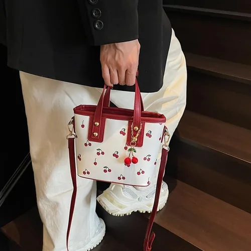 Vista 5 de Bolso tote de piel de cerezo Lindo bolso de hombro Y2K para mujer, bolso de diseñador rojo con asa superior, bolso de mano con estampado de frutas