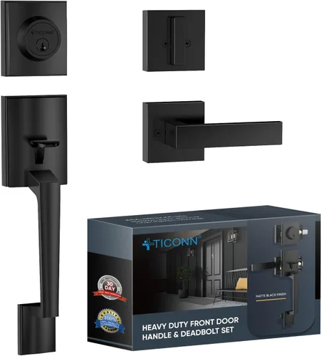 Vista 17 de TICONN Juego de manijas para puerta delantera doble, palanca de puerta cuadrada de servicio pesado y combo de cerrojo de cilindro único para puertas