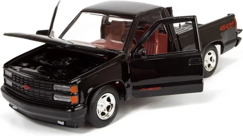 Vista 3 de All Star Toys 1992 Chevy C1500 454SS Pickup Truck a escala 1/24, modelo de coche fundido en metal negro con interior rojo Silverado 454 SS Motormax