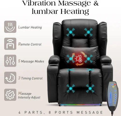 Vista 5 de Sillas reclinables eléctricas para adultos con masaje y calor, silla reclinable individual de piel sintética, sofá reclinable reclinable para cine