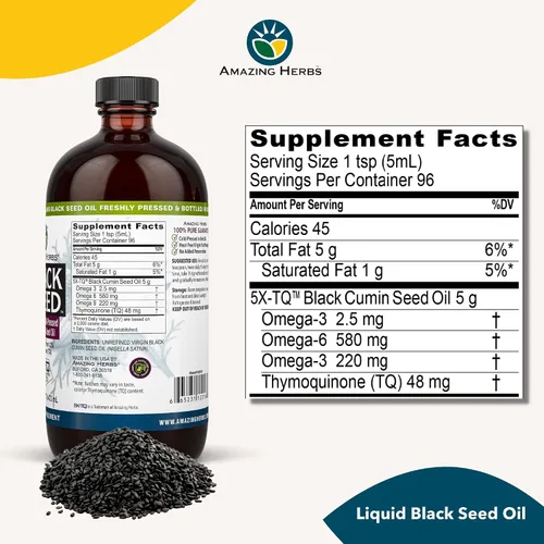 Vista 6 de Amazing Herbs Aceite de semilla negra de alta calidad, sin gluten, sin OMG, prensado en frío, Nigella sativa ayuda a la salud digestiva, apoyo
