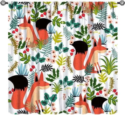 Vista 14 de Cortinas opacas de dibujos animados de animales de bosque naranja, zorro, flores, luna, hojas azules, arte abstracto, niños y niñas, decoración
