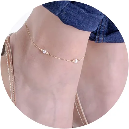 Vista 2 de Tobillera delicada para mujer con perlas naturales, tobillera de perlas en oro macizo 9K, 14K y 18K, pulsera de pie para mujer