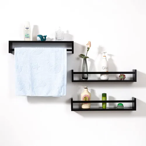 Vista 7 de AZSKY Estantes clásicos para libros de guardería, estantes flotantes de madera negra, estantería de pared para decoración de baño, cocina, especias
