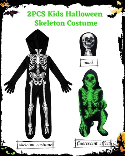 Vista 2 de BOMLY Disfraz de esqueleto para niños, disfraz de Halloween con capucha y Negro
