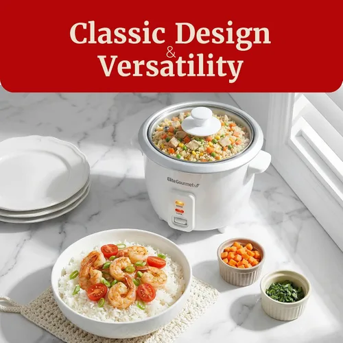 Vista 2 de Elite Gourmet ERC-003X - Arrocera eléctrica con mantenimiento automático del calor, hace sopas, guisos, granos, cereales calientes, 6 tazas cocidas