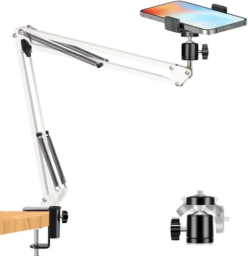 Vista 10 de Soporte de trípode para cámara web de cámara, brazo articulado sobre la cabeza con soporte para teléfono y cabeza de bola, accesorio de tijera