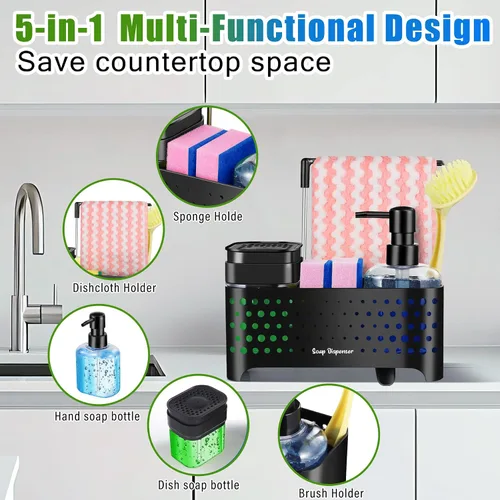Vista 5 de Juego de dispensador de jabón de cocina, soporte de esponja para fregadero de cocina, dispensador de jabón de manos y platos con organizador