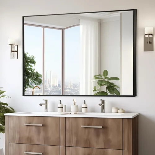 Vista 2 de Espejo de baño negro de 22"x30", espejo rectangular con marco de metal negro mate, espejo de tocador con esquinas cuadradas, espejo para pared