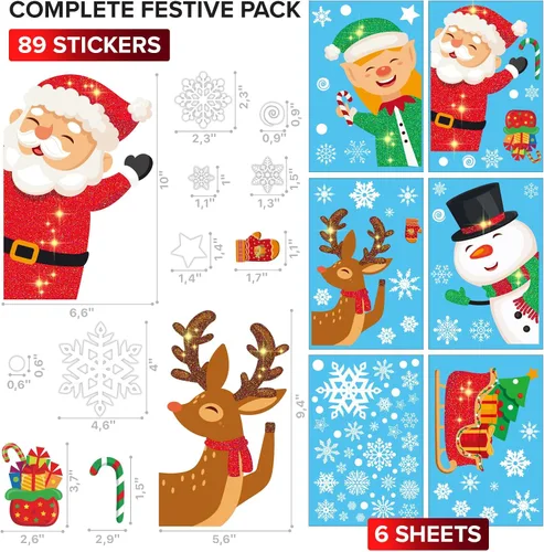 Vista 2 de X-Protector Adhesivos navideños para ventana, juego de 89 piezas, calcomanías navideñas con purpurina para ventana, calcomanías de decoración