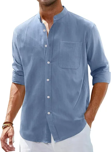 Vista 11 de Alimens & Gentle Camisas de algodón y lino para hombre, camisa de manga larga con botones, cuello de banda, camisas de playa
