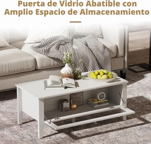 Vista 7 de Bonzy Home Mesa de centro moderna blanca con almacenamiento de puerta de vidrio, mesa central rectangular de madera para sala de estar, 39.4 x 18.9