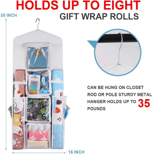 Vista 5 de Organizador de bolsas de papel de regalo colgante, doble cara para colgar puerta y armario, cinta de almacenamiento versátil, lazos para juguetes