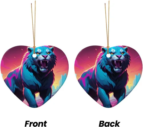 Vista 2 de Synthwave Sabertooth patterned Star Shape ceramic pendant, perfect for decorating your home Christmas tree for winter parties