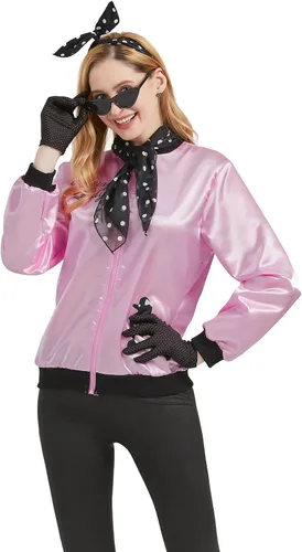 Vista 4 de Chaqueta rosa de los años 50 para mujer, disfraz de grasa para mujeres y niñas, disfraces de los años 50 para mujeres, disfraz de caniche
