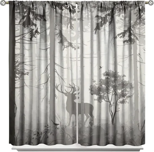 Vista 44 de Cortinas opacas con diseño de ciervos, bosque brumoso, rústico, vida silvestre, alce, montaña, pájaros, pino, bosque, cortinas de ventana