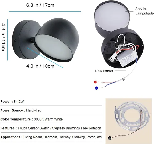 Vista 6 de Kawell Apliques de pared LED sensibles al tacto, atenuación continua, lámpara de pared LED de rotación de 350°, lámpara de pared LED de lectura