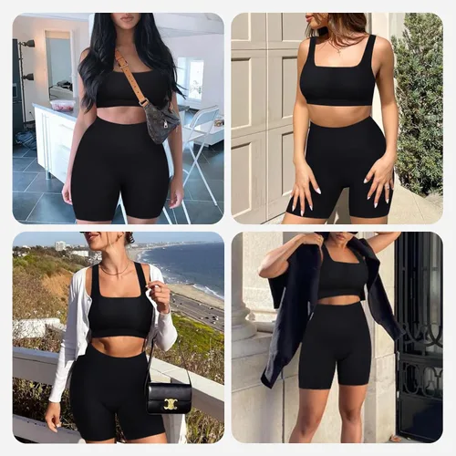 Vista 3 de FeelinGirl Conjuntos de entrenamiento para mujer, 2 piezas, sin costuras, brasier deportivo acanalado, pantalones cortos de cintura alta, tallas