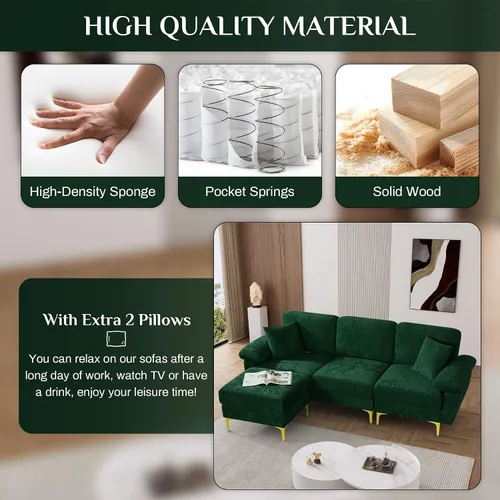 Vista 5 de OUYESSIR Sofá modular en forma de L, sofá de terciopelo de 3 plazas con otomana y almohadas, cómodo sofá cama tapizado para sala de estar, Verde