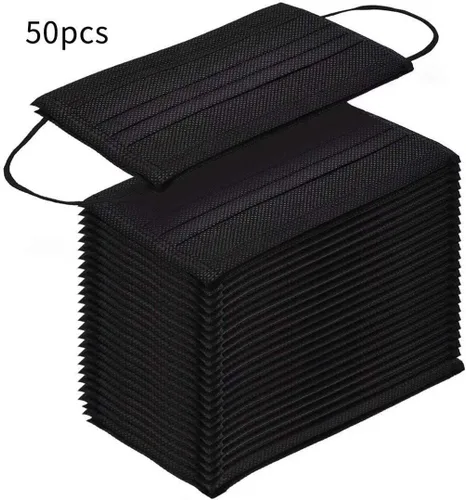 Vista 3 de Mascarillas desechables, paquete de 50, negro, 3 capas, uso diario individual, máscara facial para mujeres y hombres, Negro