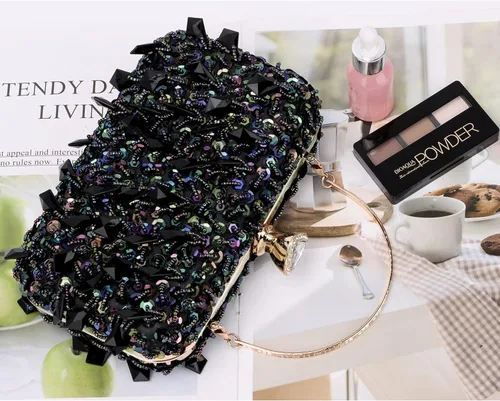 Vista 5 de Oweisong Bolso de mujer con diamantes de imitación de cristal negro para boda, bolso de hombro con cuentas de diamantes brillantes para graduación