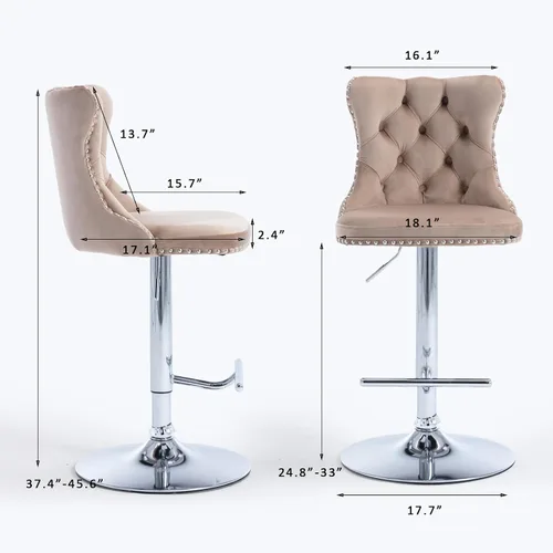 Vista 51 de SoarFlash Juego de 2 taburetes de bar tapizados de terciopelo moderno con patas de madera, botones acolchados, cabeza de clavo cromada, asiento