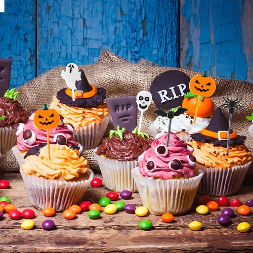 Vista 4 de 100 palillos de dientes de plástico para Halloween, decoración de cupcakes, decoración de tartas, para aperitivos de frutas, suministros de fiesta