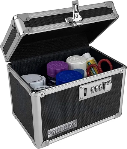 Vista 12 de Vaultz Caja de medicamentos con cerradura de combinación, caja de seguridad de metal segura para medicamentos, píldoras y objetos de valor, pequeña